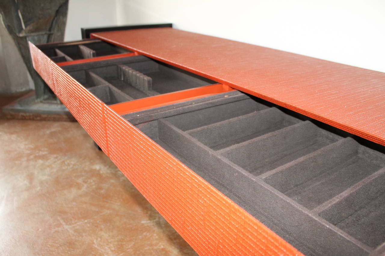 American Black and Blood Orange Textured Lacquered Console with Serving Drawers For Sale