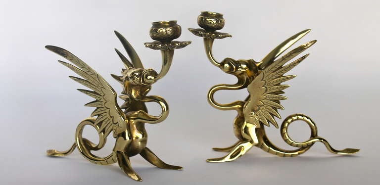Amazing pair of Heavy Bronze Winged Griffins Candlestick Holders by Tiffany & Co.
The detail work on these is incredible, finely crafted.
ca.1920
Marked: Tiffany & Co.