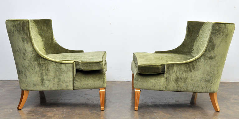 Wood Pair of 1950s Velvet Club Chairs