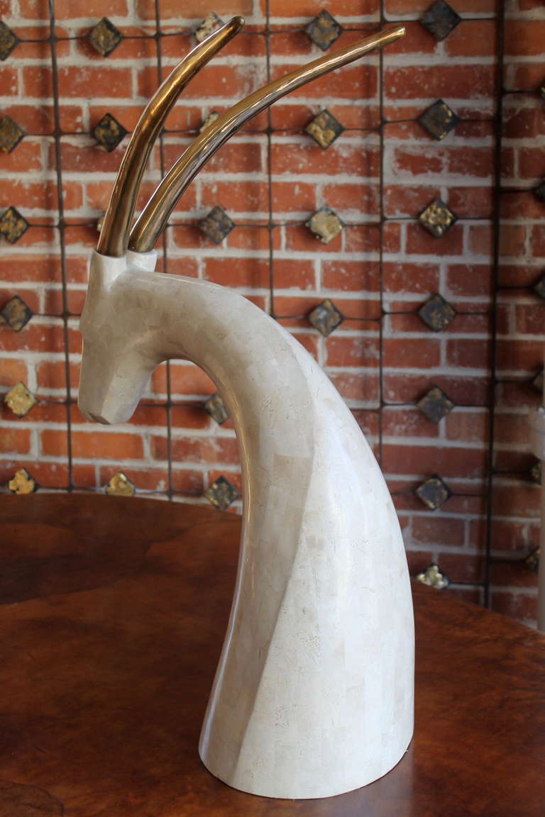 Late 20th Century 1970s Tessellated Stone and Brass Gazelle Bust For Sale