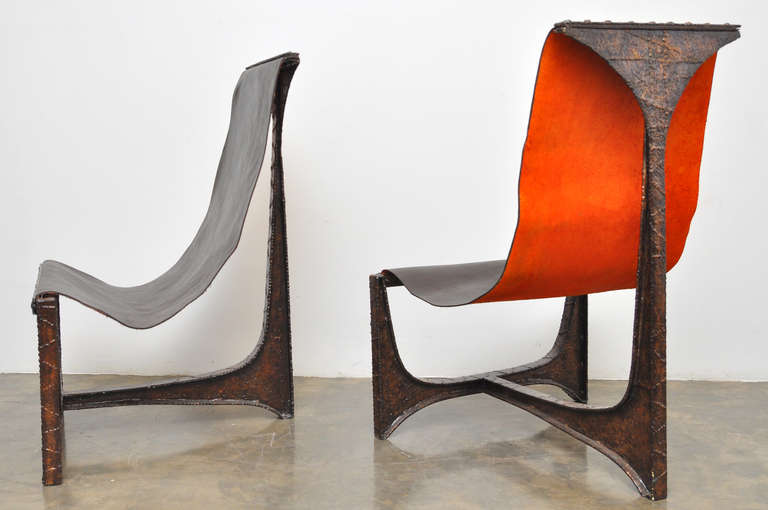 Brutalist Rare Pair of  Welded Steel Chairs in the style of Paul Evans