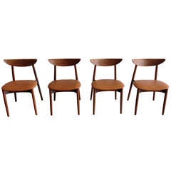 Set of 4 Teak and Leather Crescent Back Dining Chairs by Harry Ostergaard
