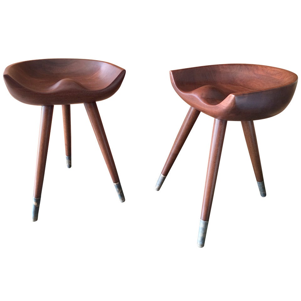 Pair of Midcentury Three-Legged Mahogany Stools, circa 1950s For Sale