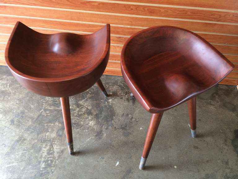 Pair of Midcentury Three-Legged Mahogany Stools, circa 1950s For Sale 3