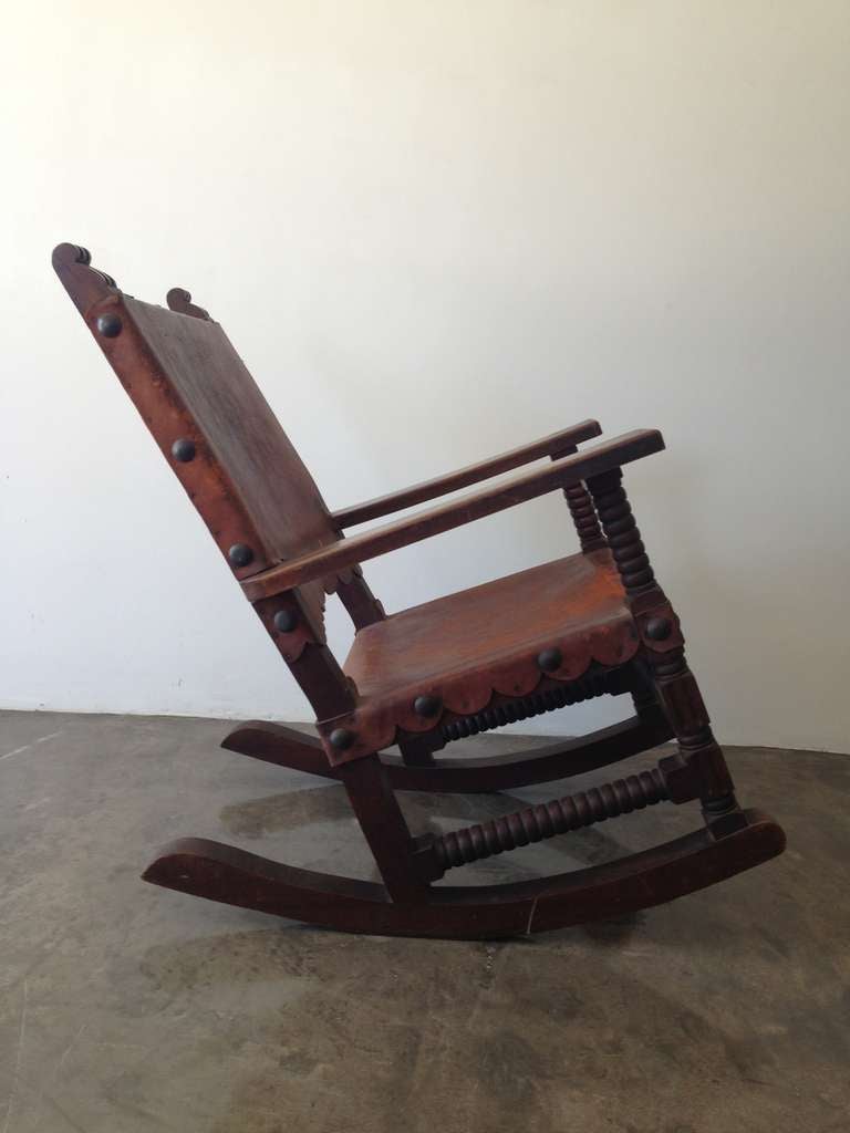 Spanish Colonial Mexican Spanish Style Rocking Chair Venadillo Wood and Leather c.1940