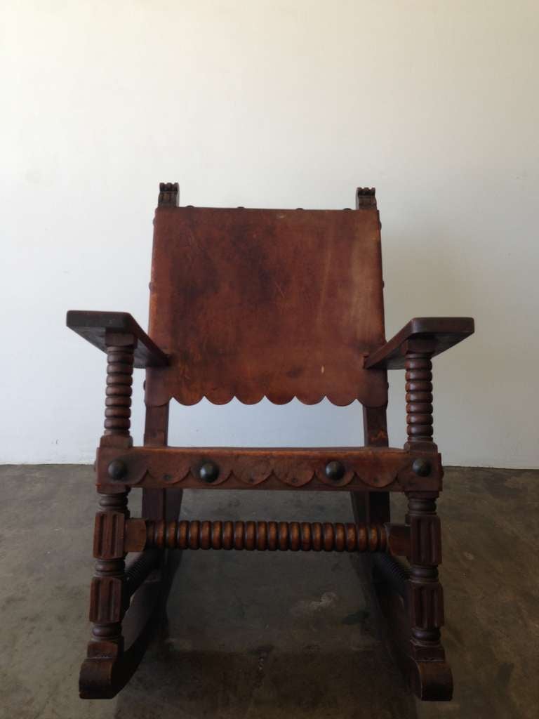 Mexican Spanish Style Rocking Chair Venadillo Wood and Leather c.1940 1