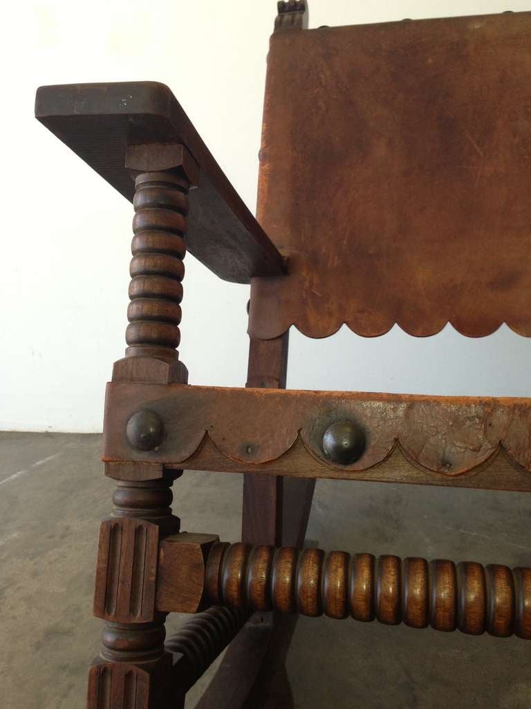 Mexican Spanish Style Rocking Chair Venadillo Wood and Leather c.1940 In Good Condition In San Diego, CA