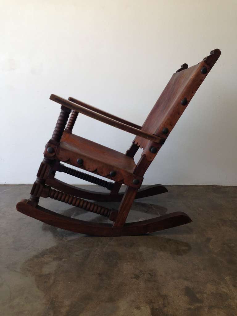 Mid-20th Century Mexican Spanish Style Rocking Chair Venadillo Wood and Leather c.1940