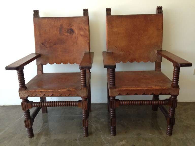 Spanish Style Venadillo Wood and Leather Chairs, Mexico 1940s For Sale