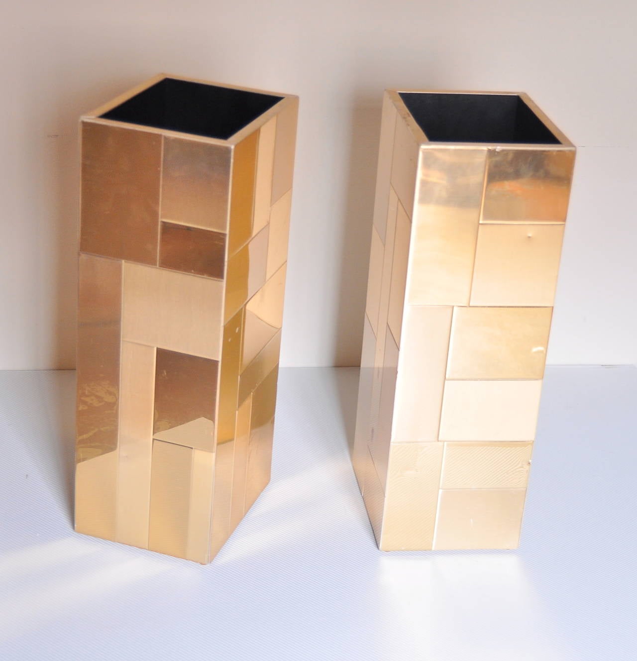 American Pair of Brass Cityscape Umbrella Stands by Paul Evans, 1970s