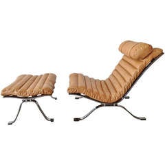 Arne Norell Leather and Steel "ARI" Chair and Ottoman c.1970