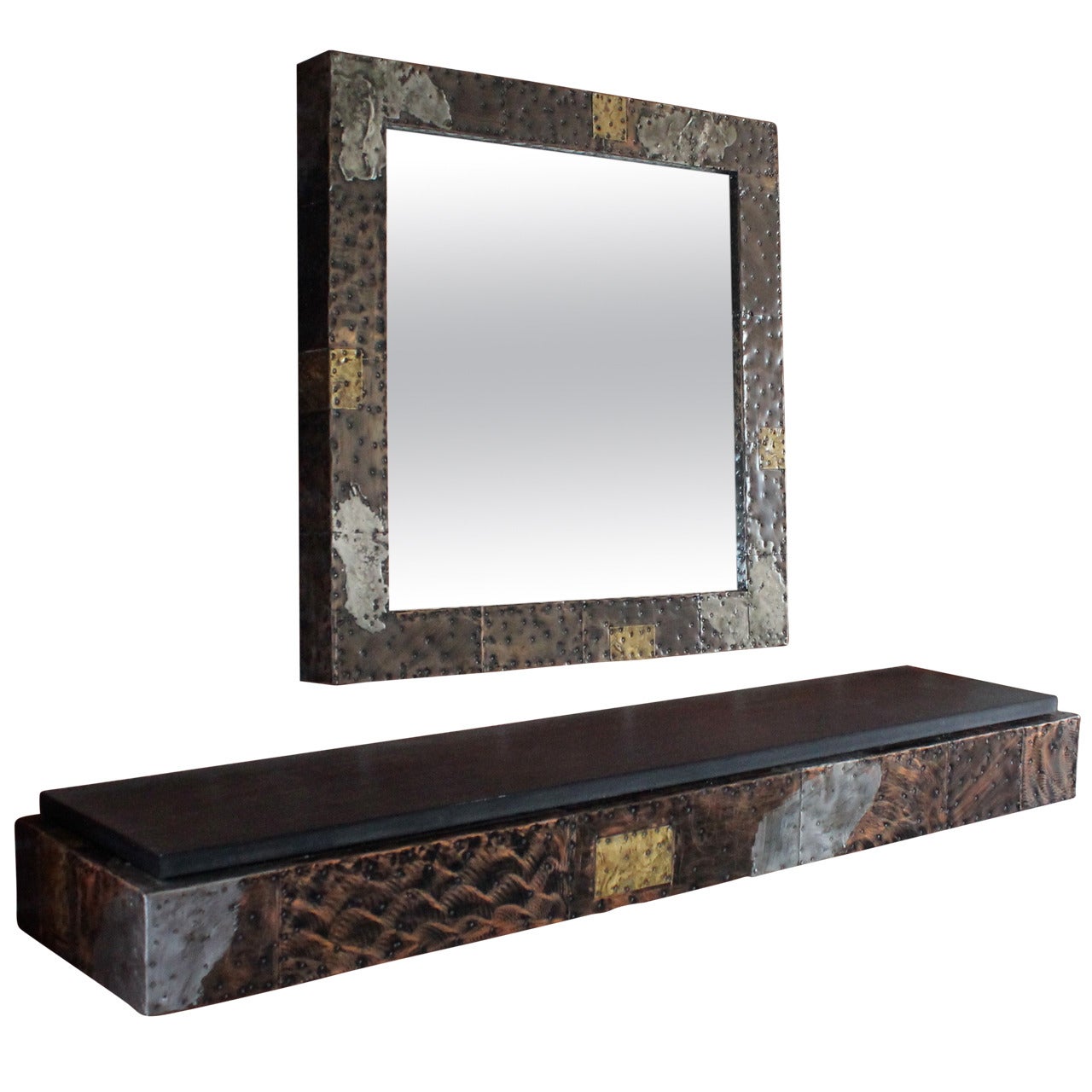 1970s Paul Evans Patchwork Mirror and Wall-Mounted Console For Sale