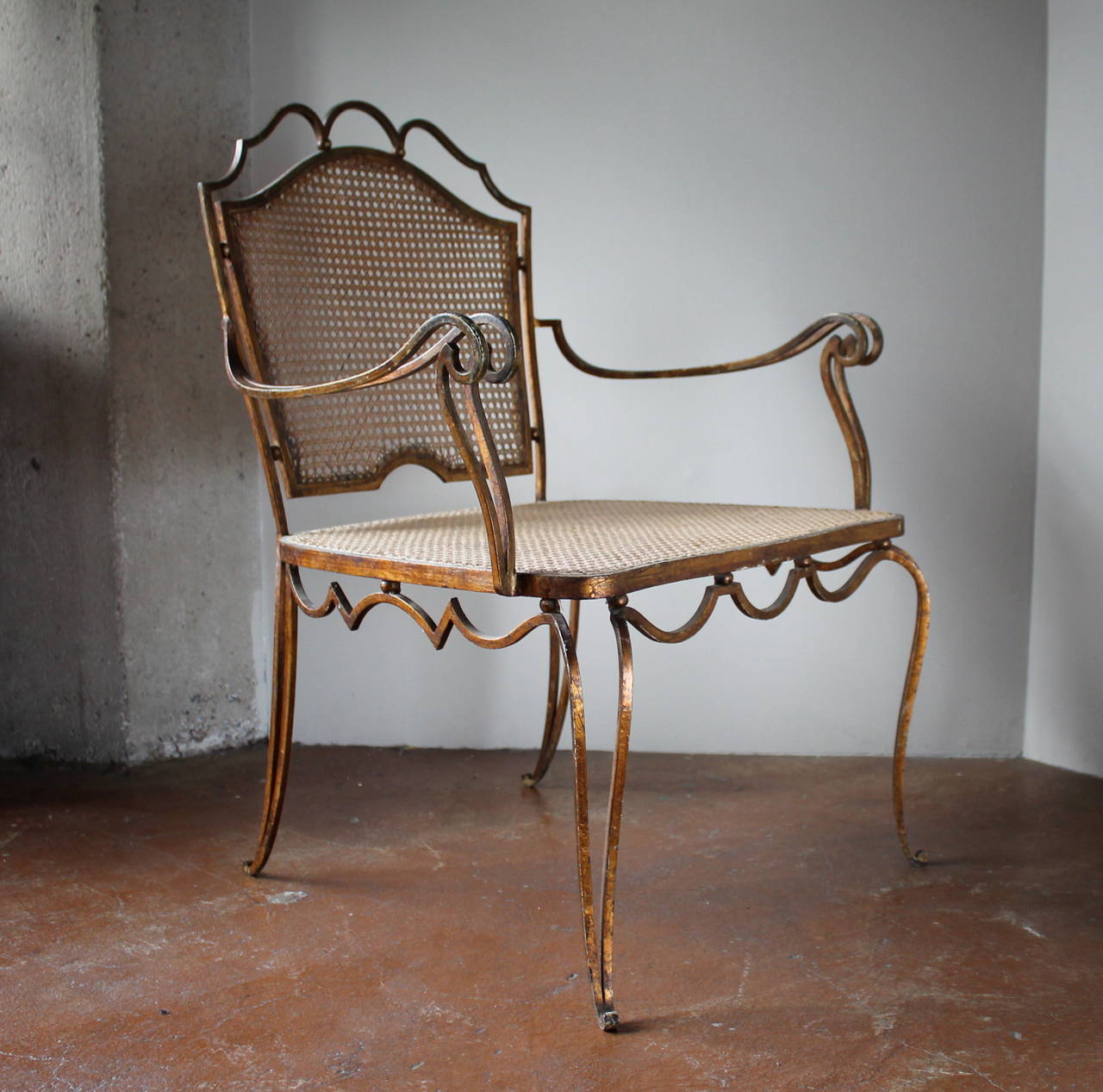 Stunning and rare set of four Arturo Pani gilt over iron hand caned chairs,
Mexico City, circa 1940s
In the style of Rene Prou
seat height: 15.5