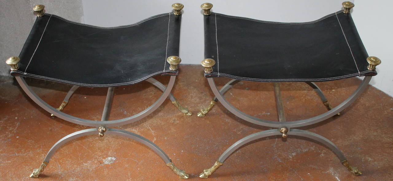 Hollywood Regency Leather Stools in Brass and Steel in Style of Maison Jansen 2