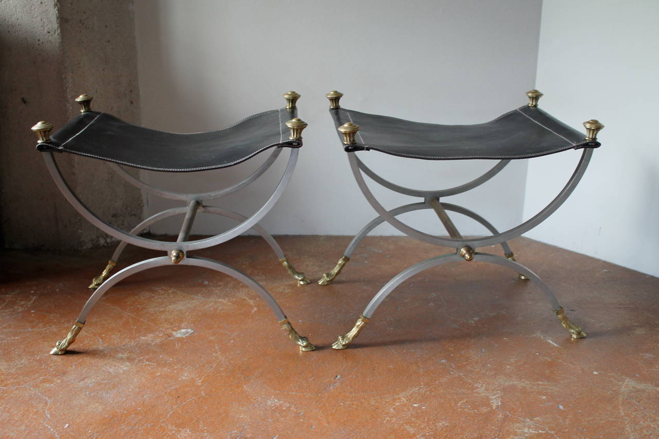 Hollywood Regency Leather Stools in Brass and Steel in Style of Maison Jansen In Good Condition In San Diego, CA
