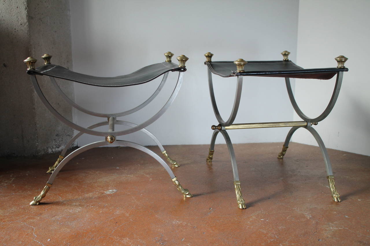 Hollywood Regency Leather Stools in Brass and Steel in Style of Maison Jansen 5