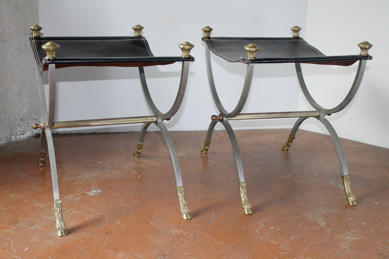 Italian Hollywood Regency Leather Stools in Brass and Steel in Style of Maison Jansen