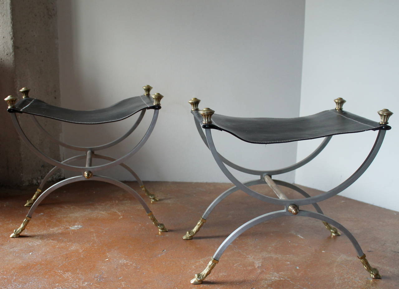 Hollywood Regency Leather Stools in Brass and Steel in Style of Maison Jansen 3