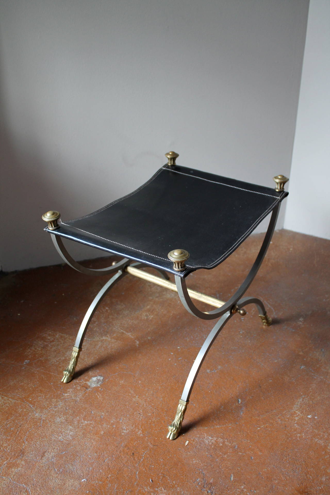 Late 20th Century Hollywood Regency Leather Stools in Brass and Steel in Style of Maison Jansen