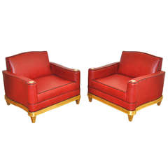 Stunning Pair of Leather and Gold Leaf Club Chairs by Arturo Pani, Mexico, 1949