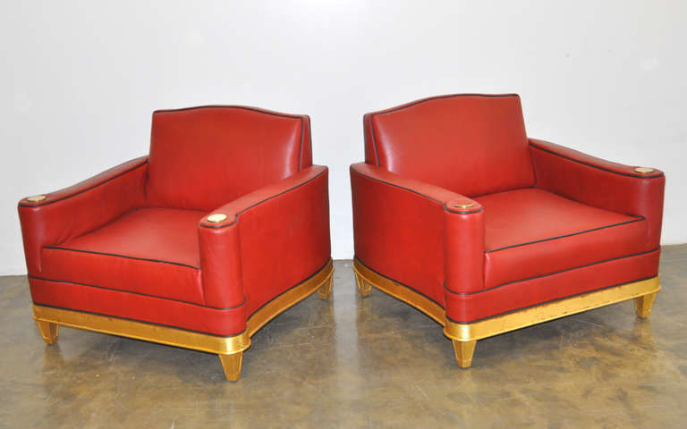 Stunning Pair of Leather and Gold Leaf Club Chairs by Arturo Pani, Mexico, 1949 2