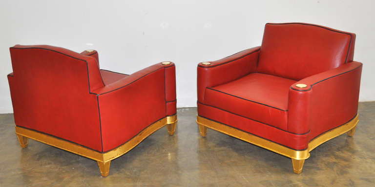 Neoclassical Stunning Pair of Leather and Gold Leaf Club Chairs by Arturo Pani, Mexico, 1949