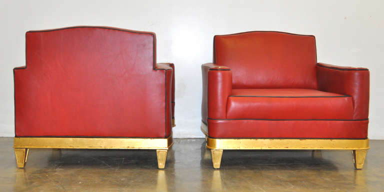 Stunning Pair of Leather and Gold Leaf Club Chairs by Arturo Pani, Mexico, 1949 In Excellent Condition In San Diego, CA