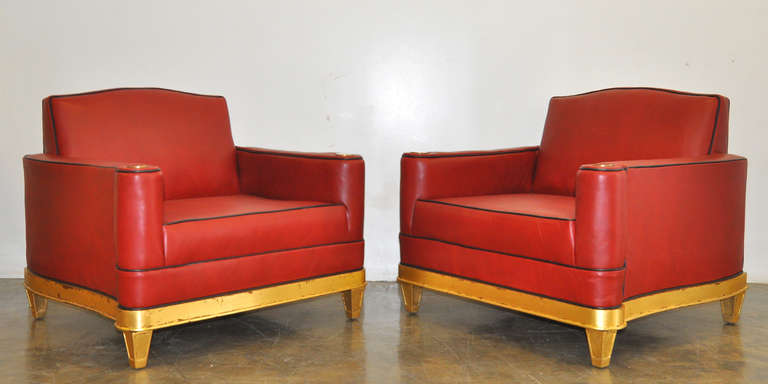 Mexican Stunning Pair of Leather and Gold Leaf Club Chairs by Arturo Pani, Mexico, 1949