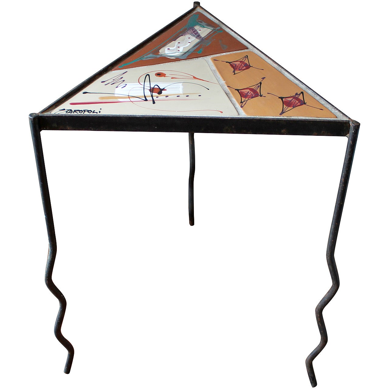 1960s Italian Iron and Tile Top Triangular Side Table For Sale