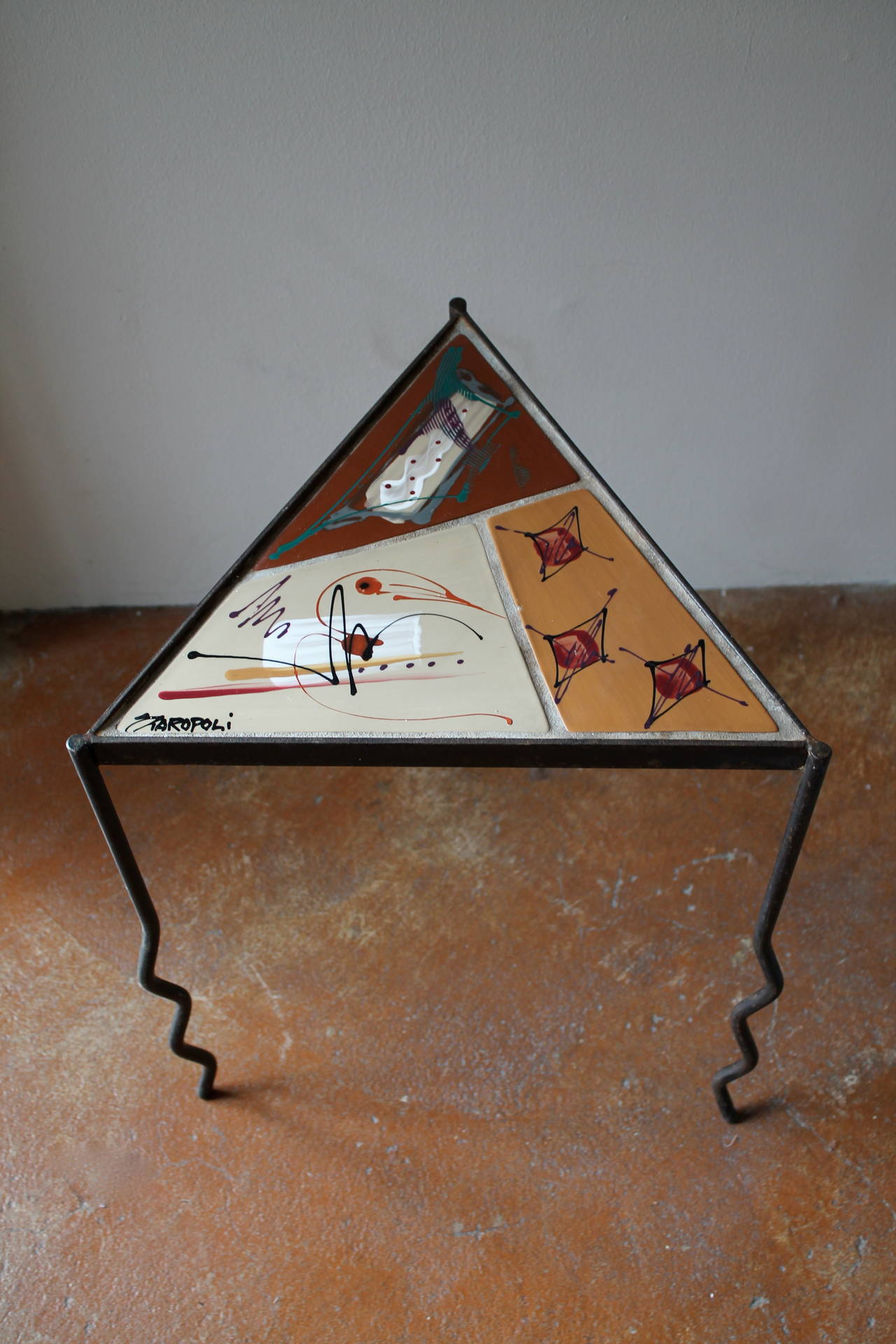 Mid-20th Century 1960s Italian Iron and Tile Top Triangular Side Table For Sale