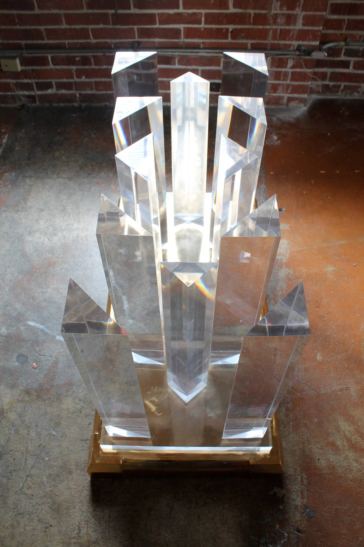 Beveled Lucite and Brass Cityscape Dining Table by Jeffrey Bigelow, USA 1980's.
