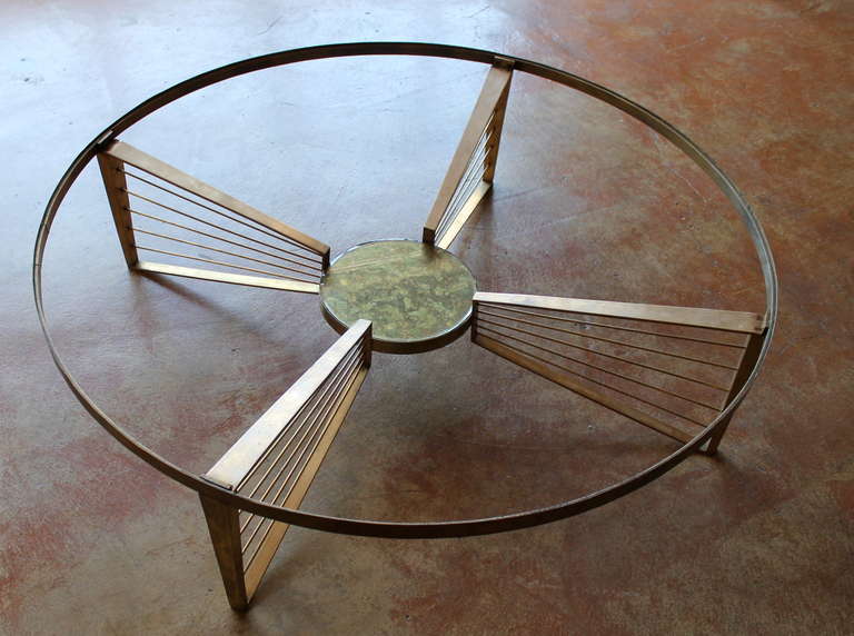 Mexican Bronze and Eglomise Glass Harp Coffee Table by Arturo Pani, Mexico, 1950s For Sale