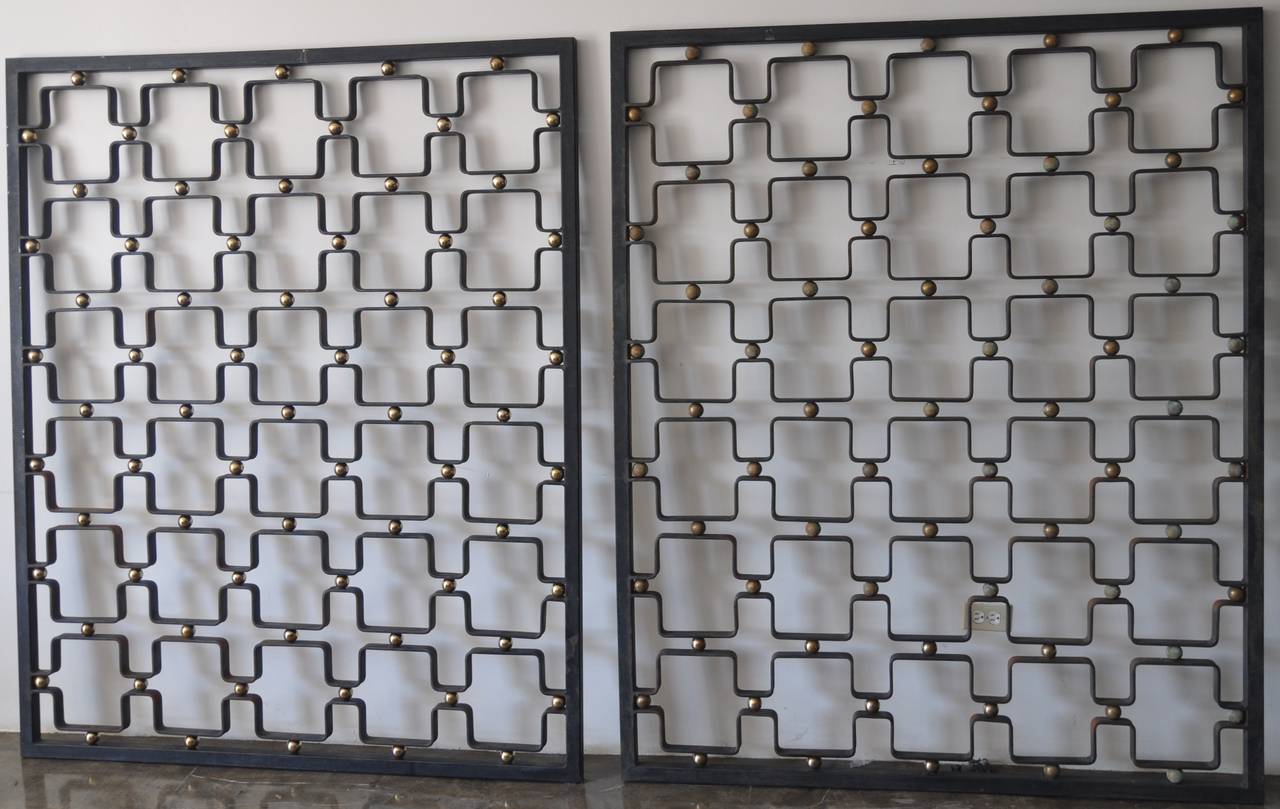 Pair of Wrought Iron and Brass Screens by Jean Royère, France, 1950s In Good Condition For Sale In San Diego, CA