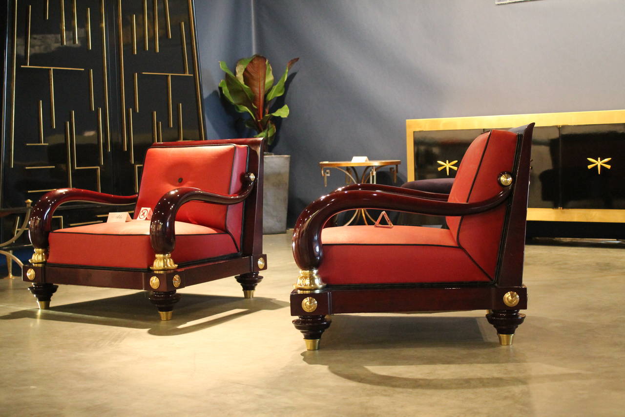 Rare 1950s Octavio Vidales Sculptural Chairs in Lacquered Mahogany and Leather For Sale 3
