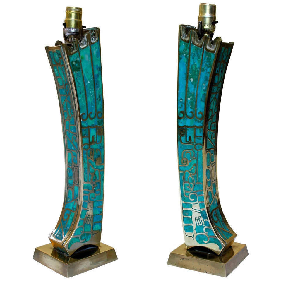 Bronze/Turquoise Table Lamps by Pepe Mendoza, Mexico City, c.1950's