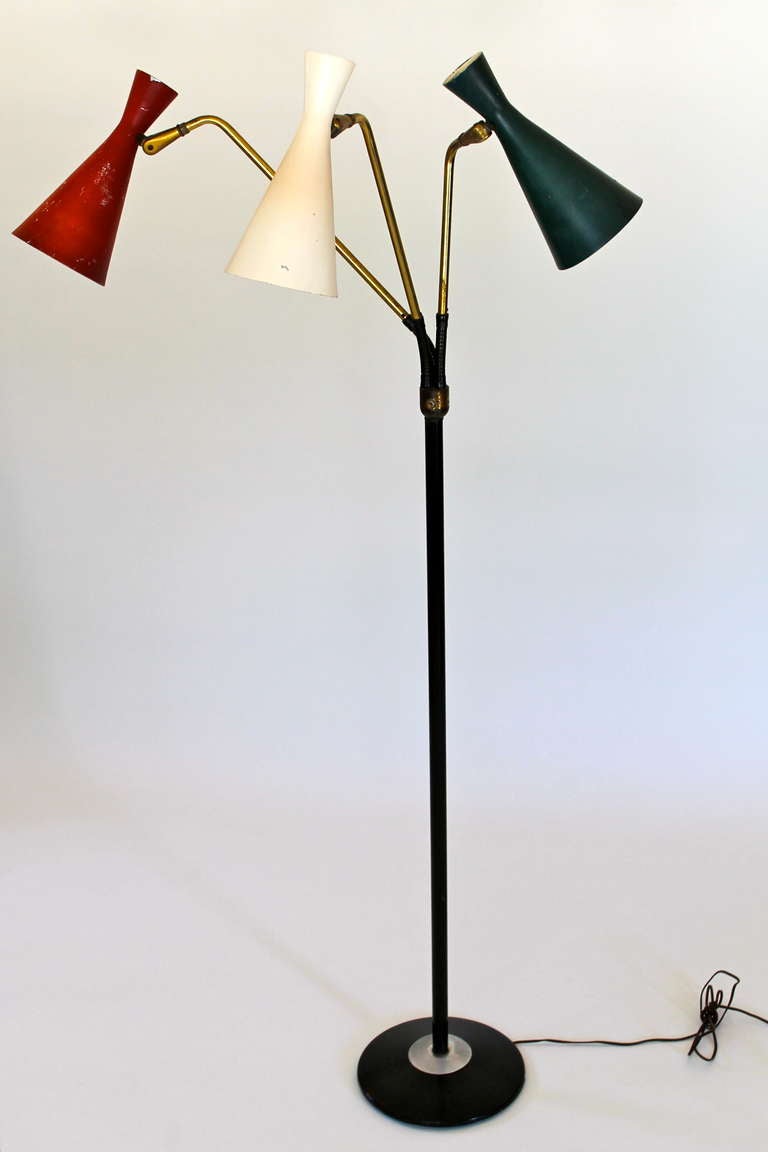 Vintage Standing Lamp with Flexible Arms, Multicolor 3 cone shade floor lamp c.1950's .  Red, White and Green cone shades.  original vintage worn paint on the shades.