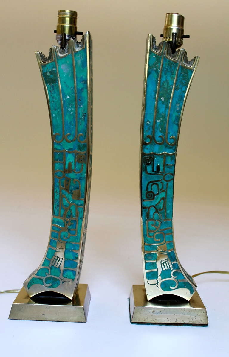 Mid-Century Modern Bronze/Turquoise Table Lamps by Pepe Mendoza, Mexico City, c.1950's