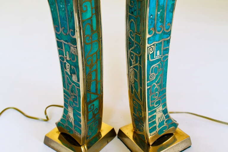 Bronze/Turquoise Table Lamps by Pepe Mendoza, Mexico City, c.1950's In Excellent Condition In San Diego, CA