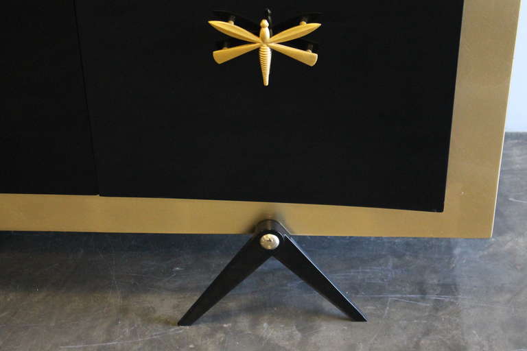 Bronze Exquisite Gold Leaf and Black Lacquer Credenza by Arturo Pani. Mexico, 1950. For Sale