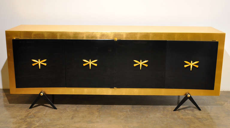 Neoclassical Exquisite Gold Leaf and Black Lacquer Credenza by Arturo Pani. Mexico, 1950. For Sale