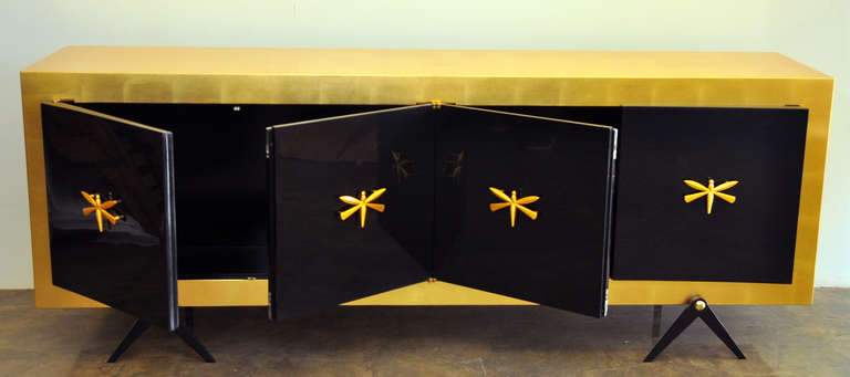 Mexican Exquisite Gold Leaf and Black Lacquer Credenza by Arturo Pani. Mexico, 1950. For Sale