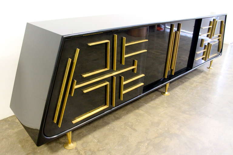 Custom-Made Pyramid Black Laquered Credenza by Eugenio Escudero, Mexico, 1950s 3