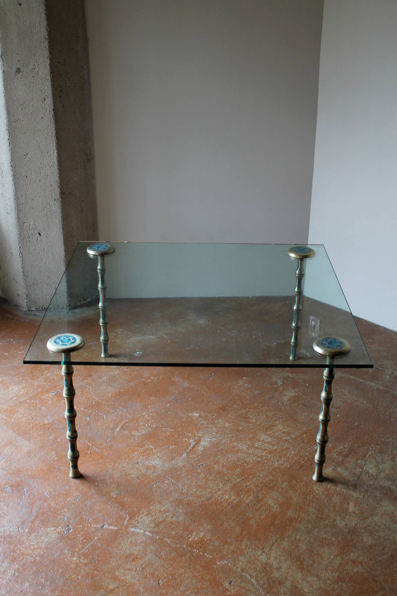 Beautiful and rare brass and glass bamboo coffee table
by Pepe Mendoza.
Mexico City, circa 1958.
Signed 