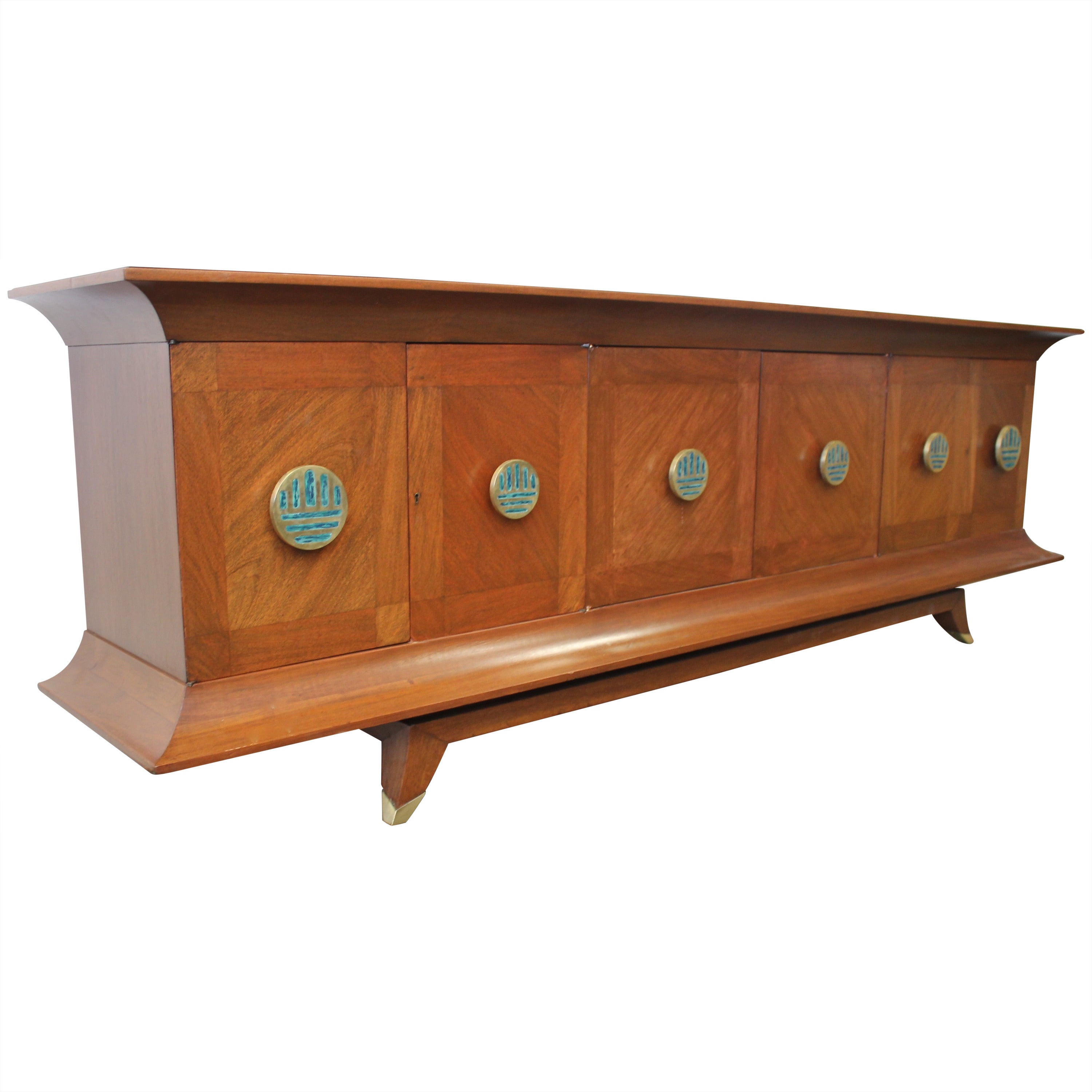1950s "Pagoda" Credenza by Frank Kyle with Solid Pepe Mendoza Hardware For Sale