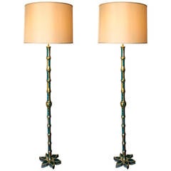 Rare Set of Two 1950s Pepe Mendoza Bamboo Brass Floor Lamps