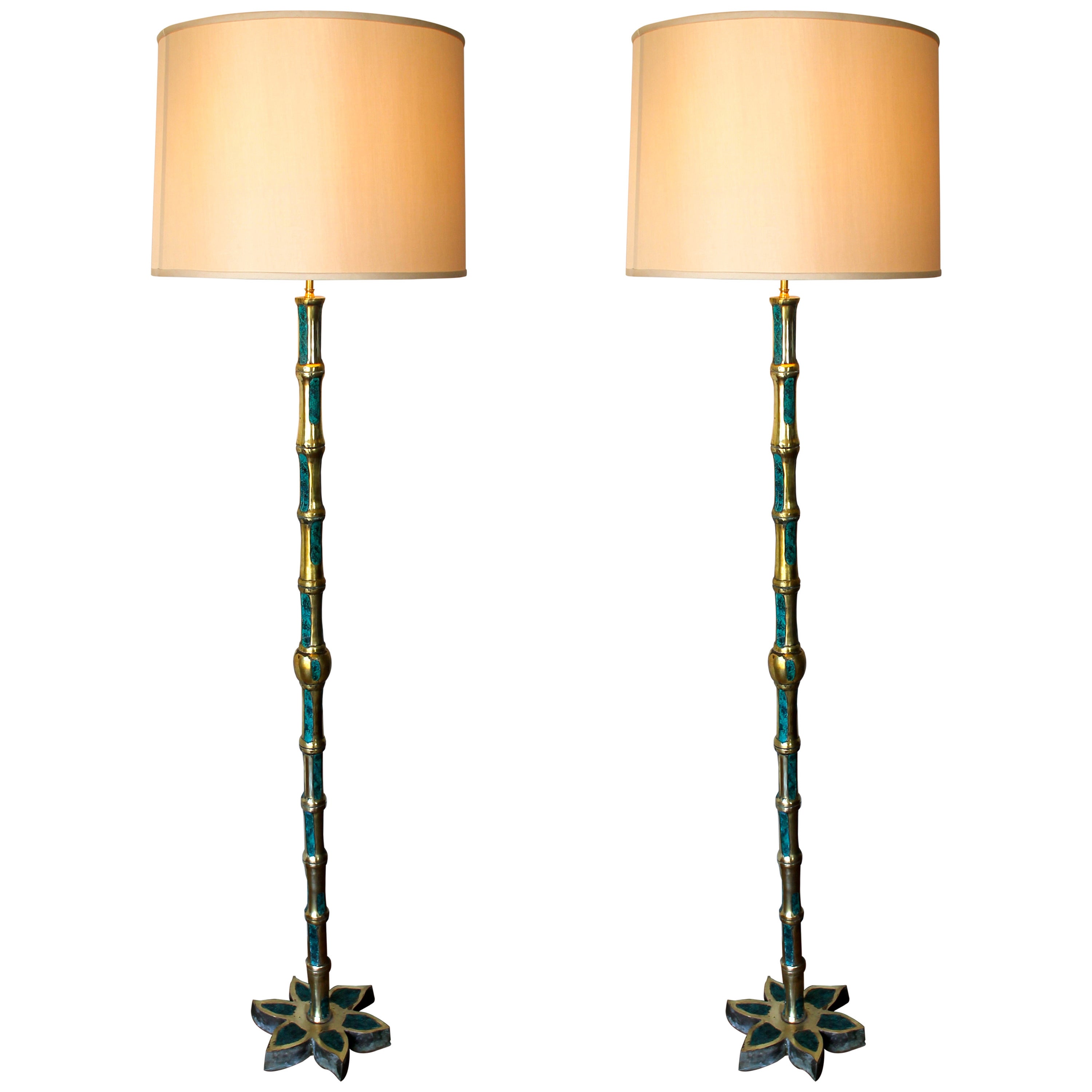 Rare Set of Two 1950s Pepe Mendoza Bamboo Brass Floor Lamps