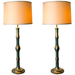 Set of Two 1950s Pepe Mendoza Bamboo Brass Table Lamps
