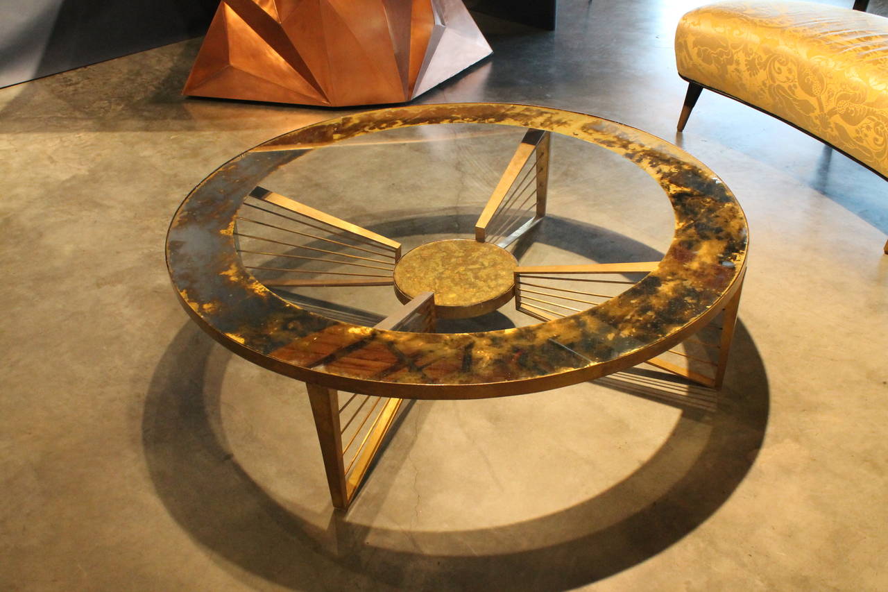 Bronze and Eglomise Glass Harp Coffee Table by Arturo Pani, Mexico, 1950s For Sale 2