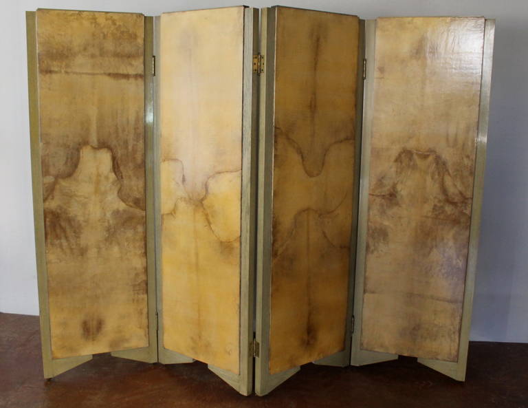 Exceptional four-panel parchment folding screen by Arturo Pani. Mexico,1950.
Original high quality German hardware.

