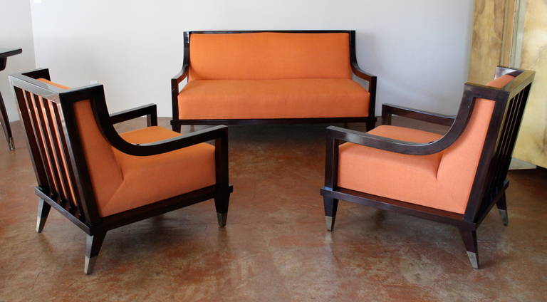 Important and Fully Documented Robert & Mito Block Sofa and Club Chairs.
Custom made in 1948 for the Mestre Residence in Mexico City.  
Unique opportunity to obtain a very hard to find and highly collectible set!
Provenance:
-Mestre Residence,